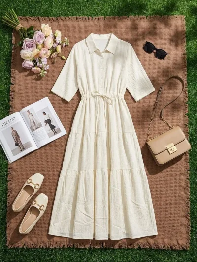 Tiered Shirt Dress with Cinched Drawstring Waist